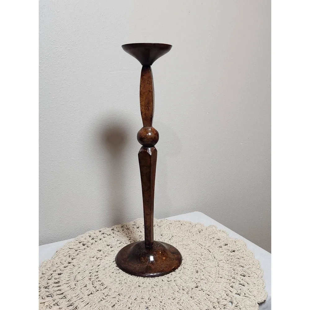Rustic Bronze Metal Pillar Candle Holder 12 Inch Tall Tapered Stem Made in India